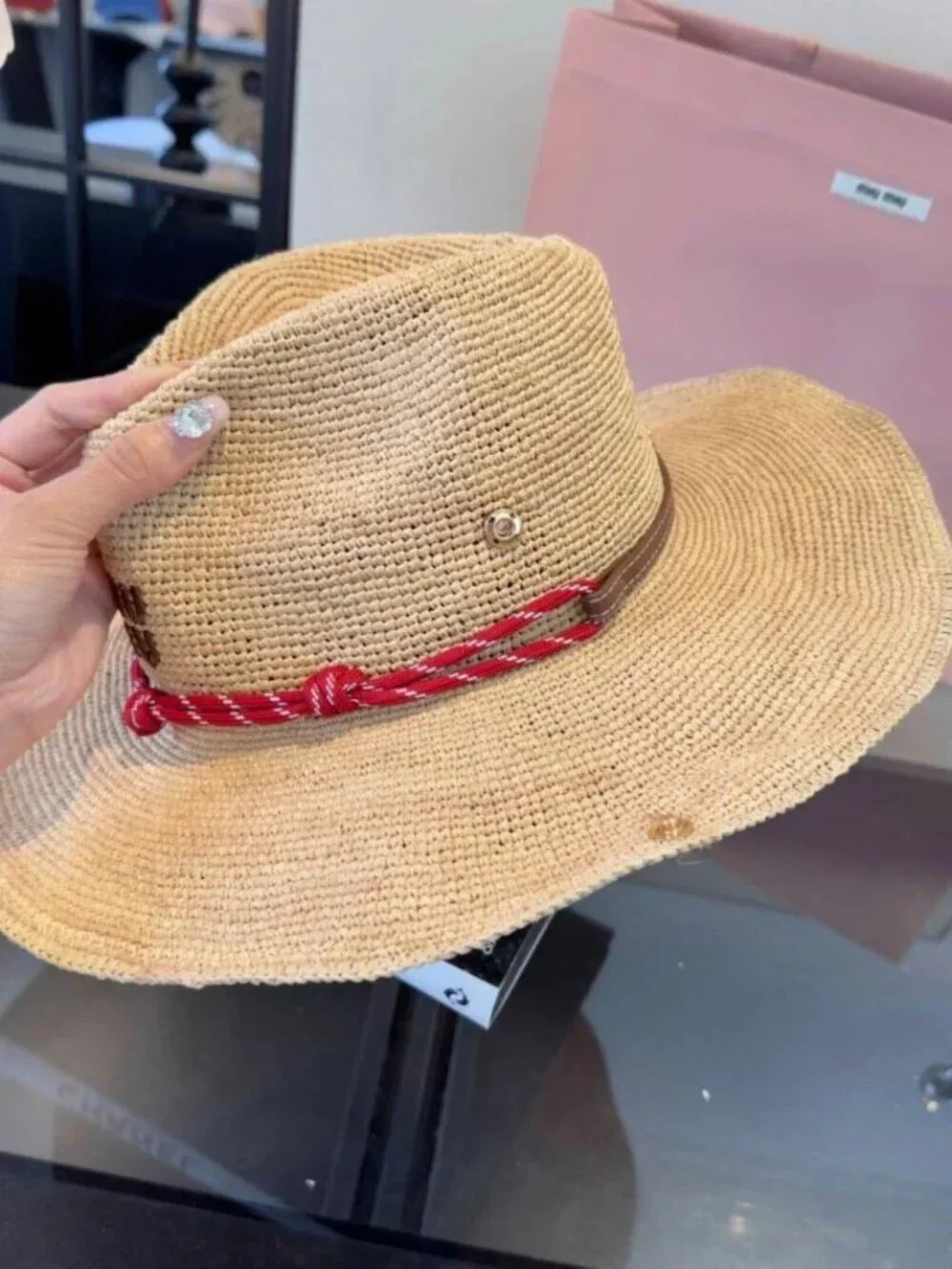 Miu Miu Straw Wide Brim Sun Hat with Red Rope Logo Detail
